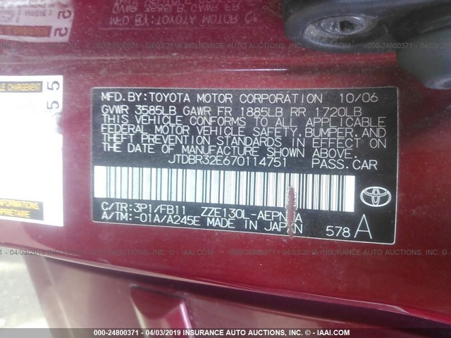 JTDBR32E670114751 - 2007 TOYOTA COROLLA CE/LE/S RED photo 9