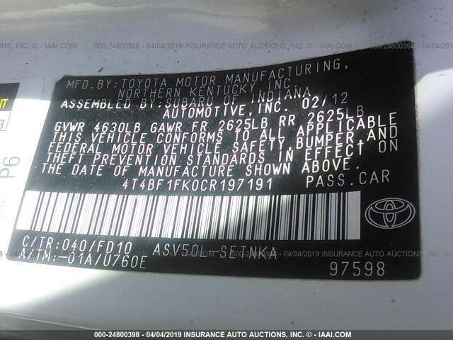 4T4BF1FK0CR197191 - 2012 TOYOTA CAMRY SE/LE/XLE WHITE photo 9