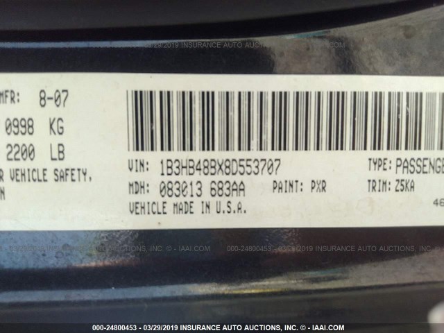 1B3HB48BX8D553707 - 2008 DODGE CALIBER SXT BLACK photo 9