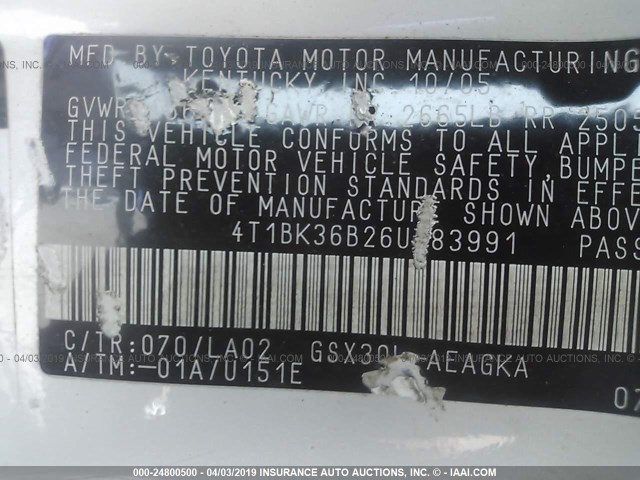 4T1BK36B26U083991 - 2006 TOYOTA AVALON XL/XLS/TOURING/LIMITED WHITE photo 9