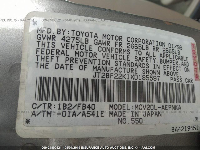 JT2BF22K1X0185597 - 1999 TOYOTA CAMRY LE/XLE Сұр фото 9