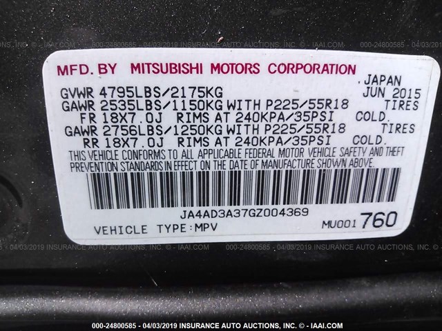 JA4AD3A37GZ004369 - 2016 MITSUBISHI OUTLANDER SE/SEL BLACK photo 9