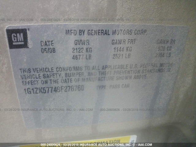 1G1ZK57748F278760 - 2008 CHEVROLET MALIBU LTZ GOLD photo 9