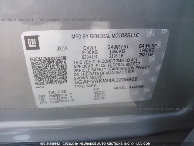 5GAEVAKW4KJ236969 - 2019 BUICK ENCLAVE ESSENCE SILVER photo 9