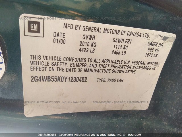 2G4WB55K0Y1230452 - 2000 BUICK REGAL LS GREEN photo 9