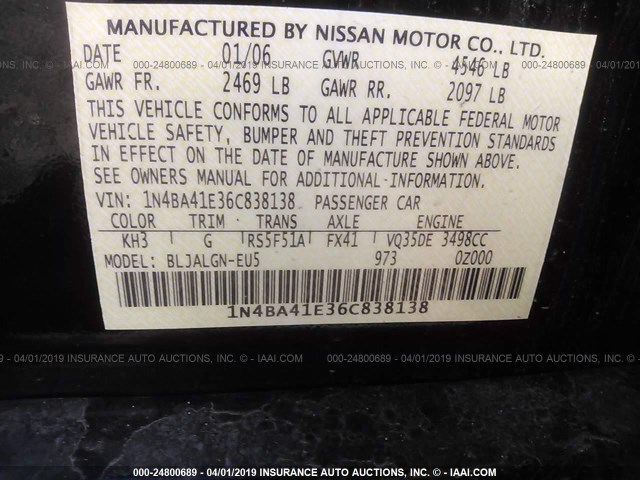 1N4BA41E36C838138 - 2006 NISSAN MAXIMA SE/SL BLACK photo 9