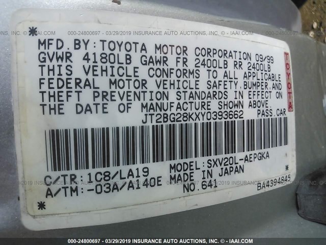 JT2BG28KXY0393662 - 2000 TOYOTA CAMRY LE/XLE Күміс фото 9