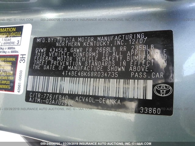 4T4BE46K68R034735 - 2008 TOYOTA CAMRY CE/LE/XLE/SE Light Blue photo 9