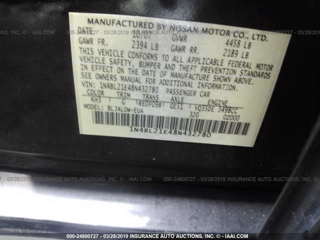 1N4BL21E48N432780 - 2008 NISSAN ALTIMA 3.5SE/3.5SL BLACK photo 9