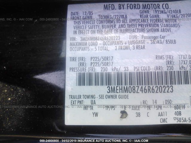 3MEHM08Z46R620223 - 2006 MERCURY MILAN PREMIER BLACK photo 9