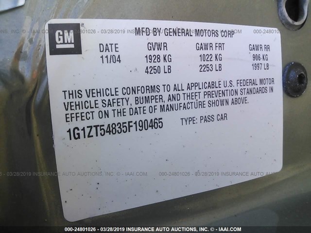 1G1ZT54835F190465 - 2005 CHEVROLET MALIBU LS GREEN photo 9