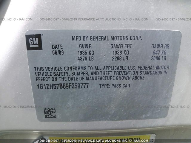 1G1ZH57B89F259777 - 2009 CHEVROLET MALIBU 1LT GOLD photo 9