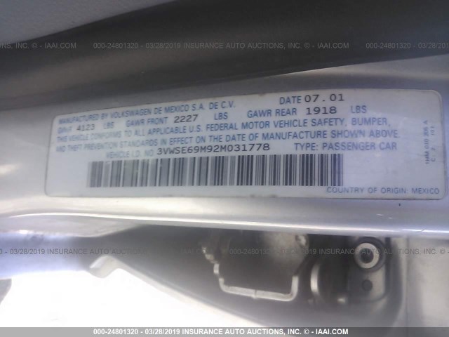 3VWSE69M92M031778 - 2002 VOLKSWAGEN JETTA GLS SILVER photo 9