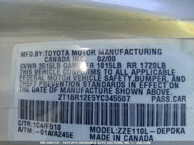 2T1BR12E5YC345507 - 2000 TOYOTA COROLLA VE/CE/LE SILVER photo 9