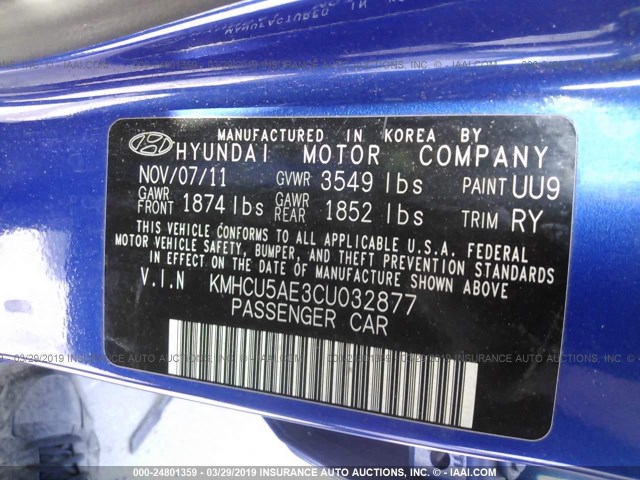 KMHCU5AE3CU032877 - 2012 HYUNDAI ACCENT GLS/GS/SE BLUE photo 9