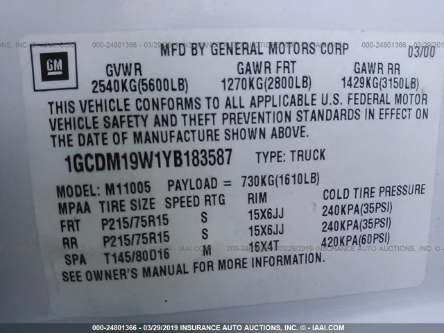 1GCDM19W1YB183587 - 2000 CHEVROLET ASTRO WHITE photo 9