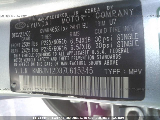 KM8JN12D37U615345 - 2007 HYUNDAI TUCSON SE/LIMITED ლურჯი ფოტო 9