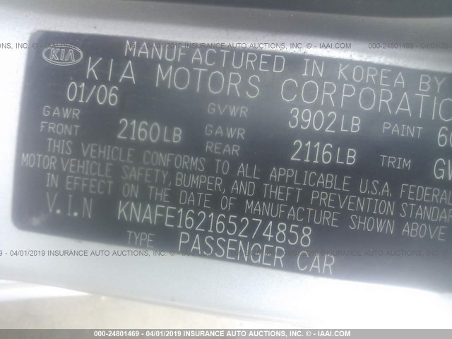 KNAFE162165274858 - 2006 KIA SPECTRA5 SILVER photo 9