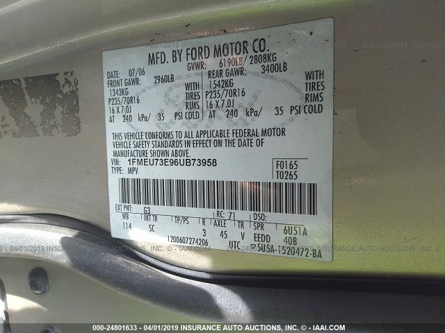 1FMEU73E96UB73958 - 2006 FORD EXPLORER XLT GOLD photo 9