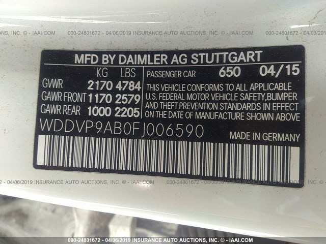 WDDVP9AB0FJ006590 - 2015 MERCEDES-BENZ B ELECTRIC WHITE photo 9