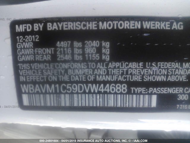 WBAVM1C59DVW44688 - 2013 BMW X1 SDRIVE28I WHITE photo 9