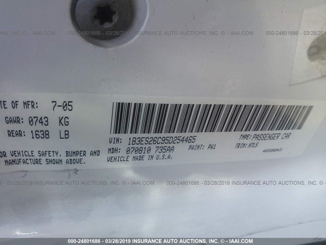 1B3ES26C95D254465 - 2005 DODGE NEON SE WHITE photo 9