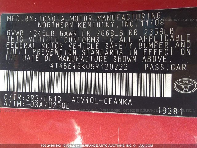 4T4BE46K09R120222 - 2009 TOYOTA CAMRY SE/LE/XLE RED photo 9