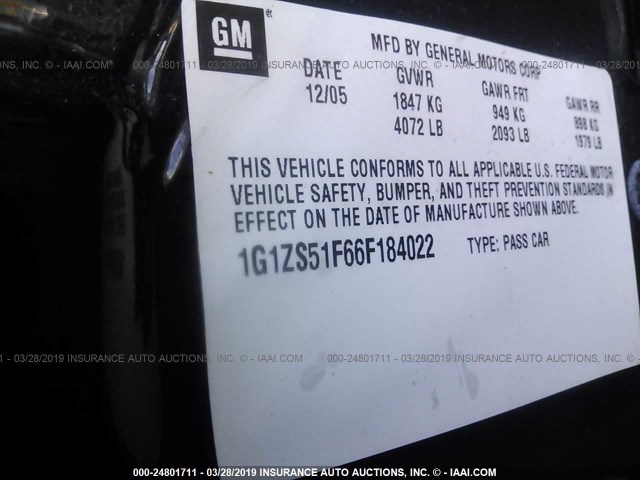 1G1ZS51F66F184022 - 2006 CHEVROLET MALIBU LS Dark Blue photo 9