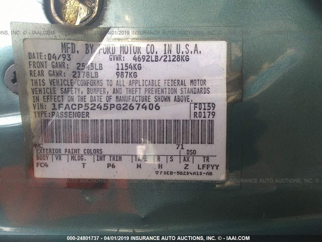 1FACP5245PG267406 - 1993 FORD TAURUS GL GREEN photo 9