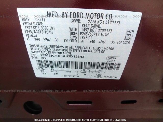 1FM5K7D89HGD12843 - 2017 FORD EXPLORER XLT RED photo 9