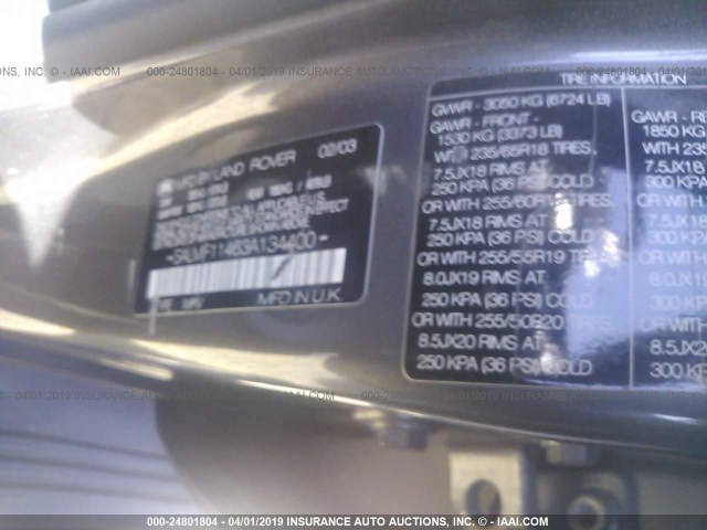 SALMF11463A134400 - 2003 LAND ROVER RANGE ROVER HSE GRAY photo 9