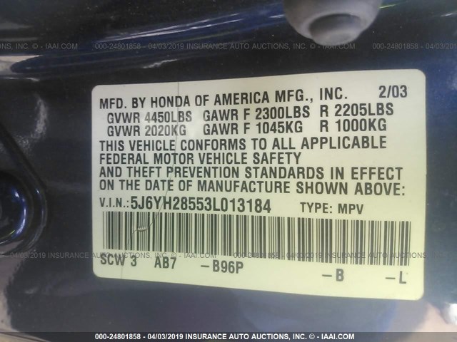 5J6YH28553L013184 - 2003 HONDA ELEMENT EX BLUE photo 9