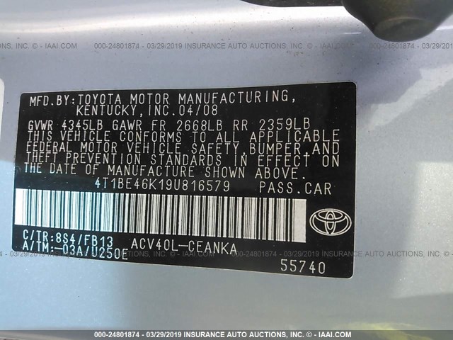 4T1BE46K19U816579 - 2009 TOYOTA CAMRY SE/LE/XLE 蓝色 照片 9