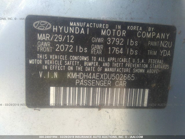 KMHDH4AEXDU502665 - 2013 HYUNDAI ELANTRA GLS/LIMITED Light Blue photo 9