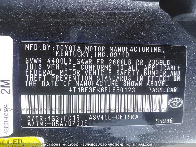 4T1BF3EK6BU650123 - 2011 TOYOTA CAMRY SE/LE/XLE GRAY photo 9