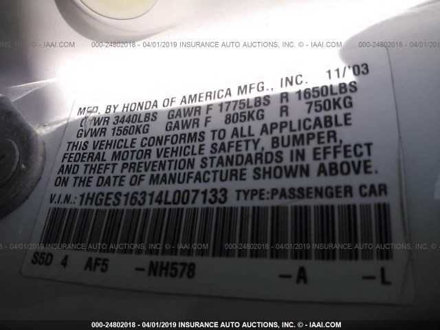 1HGES16314L007133 - 2004 HONDA CIVIC DX VP Ağ foto 9