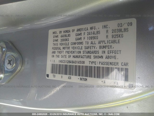 1HGCS12849A014508 - 2009 HONDA ACCORD EXL SILVER photo 9