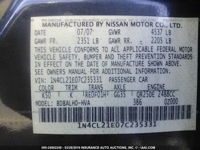 1N4CL21E07C235331 - 2007 NISSAN ALTIMA HYBRID BLUE photo 9