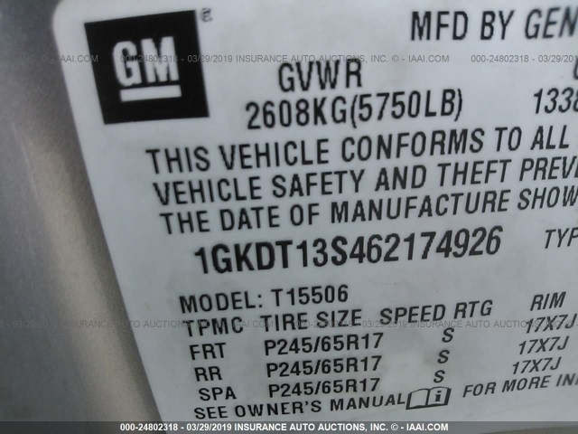 1GKDT13S462174926 - 2006 GMC ENVOY SILVER photo 9