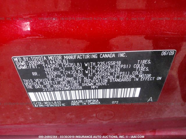 2T3ZF32V29W010358 - 2009 TOYOTA RAV4 SPORT RED photo 9