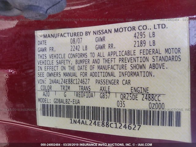 1N4AL24E88C124627 - 2008 NISSAN ALTIMA 2.5S RED photo 9