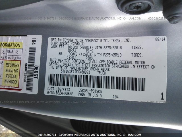 5TFDY5F17EX408873 - 2014 TOYOTA TUNDRA CREWMAX SR5 SILVER photo 9