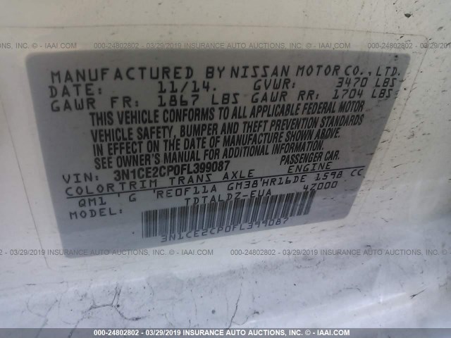 3N1CE2CP0FL399087 - 2015 NISSAN VERSA NOTE S/S PLUS/SV/SL/SR WHITE photo 9