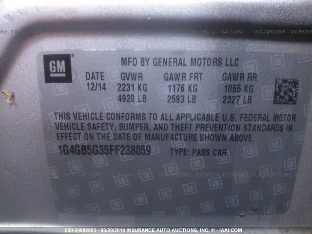 1G4GB5G35FF238059 - 2015 BUICK LACROSSE SILVER photo 9