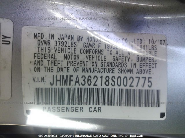 JHMFA36218S002775 - 2008 HONDA CIVIC HYBRID SILVER photo 9