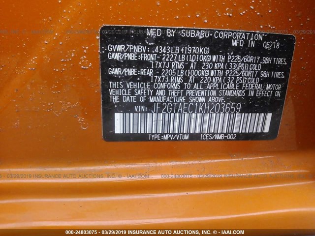 JF2GTAEC1KH203659 - 2019 SUBARU CROSSTREK PREMIUM ORANGE photo 9