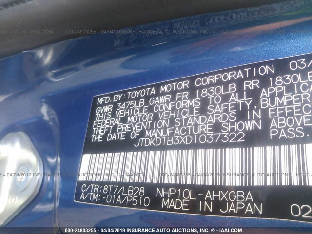 JTDKDTB3XD1037322 - 2013 TOYOTA PRIUS C BLUE photo 9