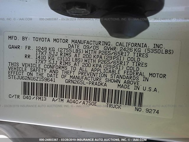 5TEJU62N16Z159641 - 2006 TOYOTA TACOMA DOUBLE CAB PRERUNNER WHITE photo 9