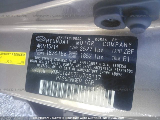 KMHCT4AE7EU708117 - 2014 HYUNDAI ACCENT GLS/GS GRAY photo 9