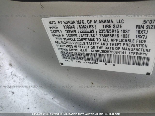 5FNRL38257B084141 - 2007 HONDA ODYSSEY LX SILVER photo 9